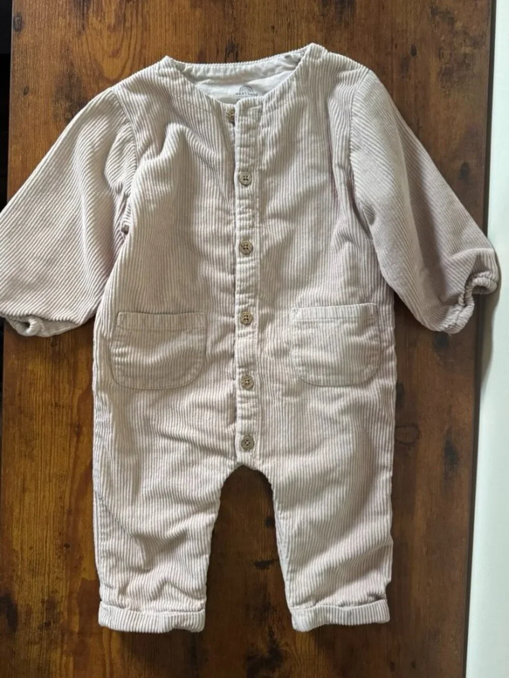 Baby 9-12M Button-Up Romper Beige